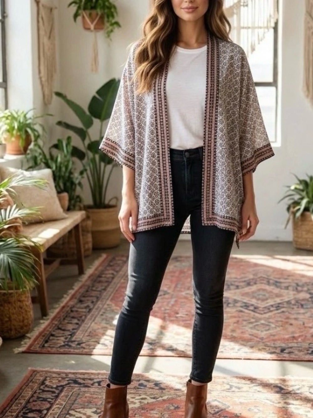 Max Studio White & Brown Patterned Kimono Cardigan